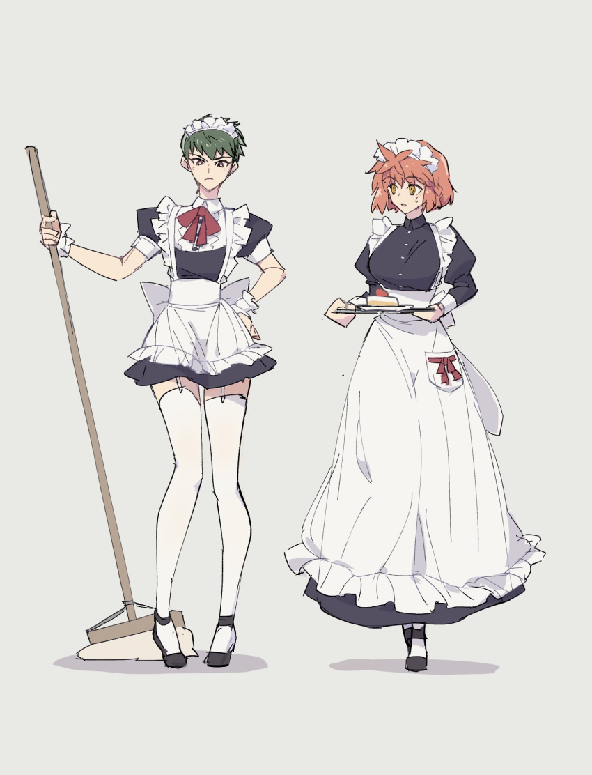 2girls apron black_dress black_footwear bow breasts buttons cake cake_slice dress emiya_shirou fate/stay_night fate_(series) food frilled_dress frills garter_straps genderswap genderswap_(mtf) getter_robo gou_saotome green_hair hanahiyo_(hoimin) highres holding holding_mop holding_tray large_breasts long_dress looking_at_another looking_down maid maid_apron maid_headdress medium_hair mop multiple_girls neck_ribbon orange_hair plate red_eyes red_ribbon ribbon shin_getter_robo short_dress short_hair simple_background small_breasts thigh-highs tray waist_bow white_apron white_background white_soccer_ball white_thighhighs white_wrist_cuffs wrist_cuffs yellow_eyes