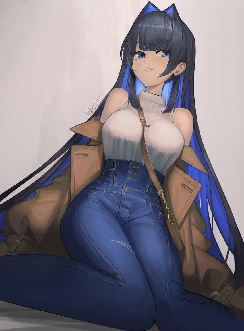 1girl absurdres blue_eyes blue_hair blunt_bangs breasts colored_inner_hair commentary denim glasses hair_intakes high-waist_pants highres hololive hololive_english jeans katsu_(katsuslider) large_breasts long_hair long_sleeves multicolored_hair official_alternate_costume official_alternate_hair_length official_alternate_hairstyle ouro_kronii ouro_kronii_(casual) pants shirt smile solo virtual_youtuber white_shirt