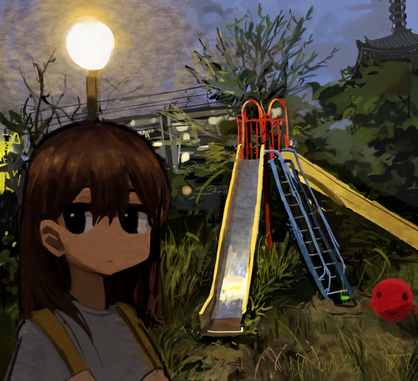 1girl backpack bag black_eyes blank_stare brown_hair city city_lights clouds highres kiiko_(uj0lvnbd5lbnuki) ladder lamppost looking_to_the_side night night_sky original outdoors playground scenery shirt sky slide smiley_face solo swing_set tree white_shirt