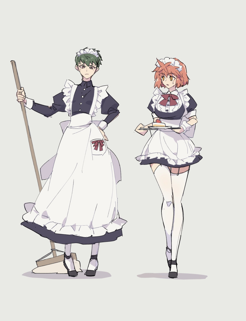 2girls apron black_dress black_footwear bow breasts buttons cake cake_slice dress emiya_shirou fate/stay_night fate_(series) food frilled_dress frills garter_straps genderswap genderswap_(mtf) getter_robo gou_saotome green_hair hanahiyo_(hoimin) highres holding holding_mop holding_tray large_breasts long_dress looking_at_another looking_down maid maid_apron maid_headdress medium_hair mop multiple_girls neck_ribbon orange_hair plate red_eyes red_ribbon ribbon shin_getter_robo short_dress short_hair simple_background small_breasts thigh-highs tray waist_bow white_apron white_background white_soccer_ball white_thighhighs white_wrist_cuffs wrist_cuffs yellow_eyes
