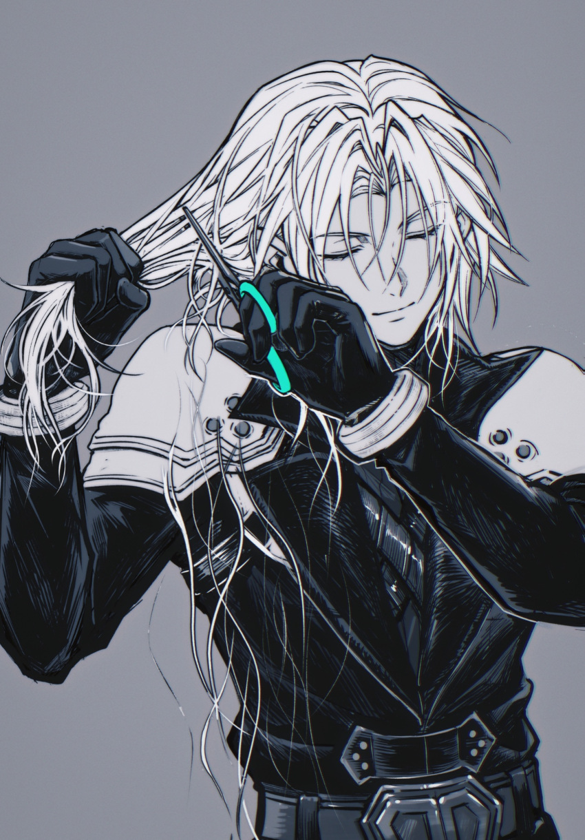 1boy aged_down armor bangle belt black_coat black_gloves bracelet chest_strap closed_eyes closed_mouth coat cutting_hair final_fantasy final_fantasy_vii final_fantasy_vii_ever_crisis frogccc333 gloves grey_background hair_between_eyes hand_in_own_hair highres holding holding_scissors jewelry long_hair long_sleeves male_focus monochrome parted_bangs scissors sephiroth short_hair shoulder_armor smile solo spot_color upper_body white_hair