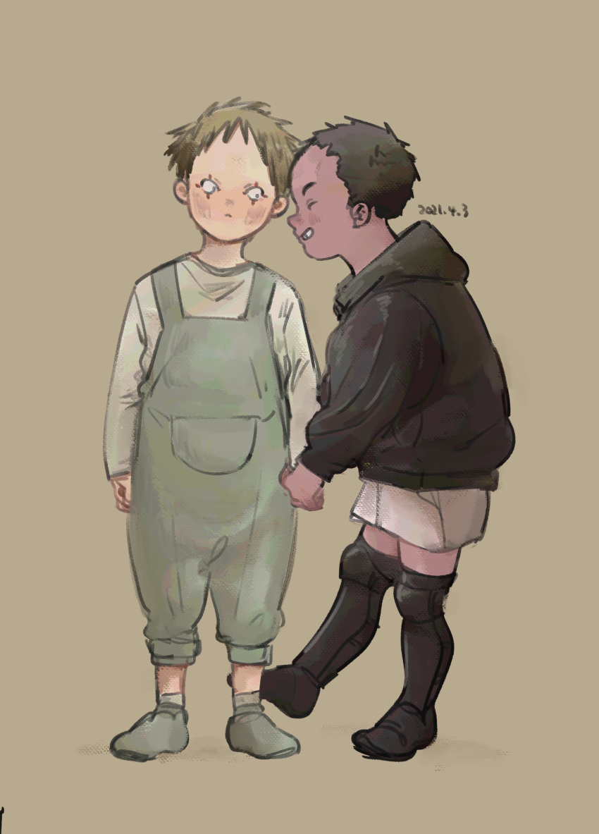 2boys ^_^ absurdres aged_down aikawa_(dorohedoro) black_hair blonde_hair blush closed_eyes colored_tips dark-skinned_male dark_skin dorohedoro expressionless facial_mark full_body grin highres holding_hands looking_at_another male_focus medium_sideburns multicolored_hair multiple_boys nishida_(pixiv_50671594) no_eyebrows risu_(dorohedoro) smile standing thick_eyebrows