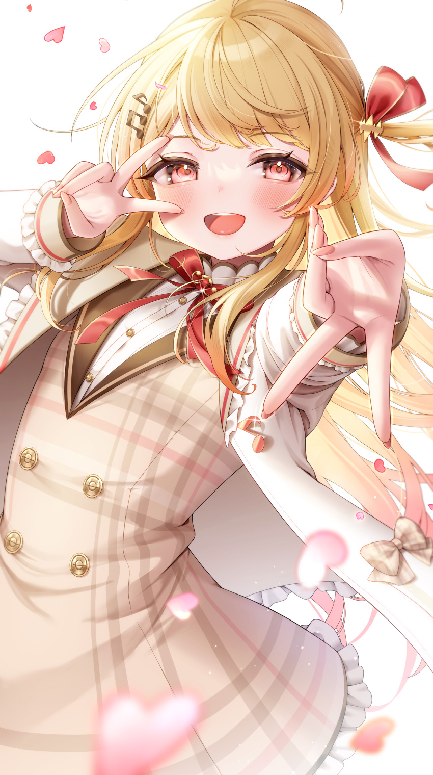 1girl absurdres blonde_hair blurry blurry_background blush bow bowtie brown_dress brown_sailor_collar buttons contrapposto depth_of_field double-breasted dress falling_petals fingernails foreshortening gyaru_v hair_ornament highres hololive hololive_dev_is jacket long_hair looking_at_viewer monuke_(monu) musical_note musical_note_hair_ornament nail_polish one_side_up open_clothes open_jacket otonose_kanade petals pink_nails plaid plaid_dress red_bow red_bowtie red_eyes red_ribbon ribbon sailor_collar sailor_dress smile solo teeth upper_teeth_only v v_over_eye virtual_youtuber white_jacket