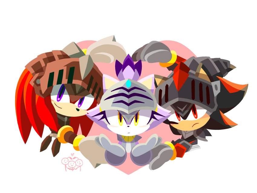 1girl 2boys absurdres black_fur blaze_the_cat furry furry_female furry_male gauntlets gawain_(sonic) heart highres knuckles_the_echidna lancelot_(sonic) looking_at_viewer multiple_boys percival_(sonic) purple_fur red_eyes red_fur shadow_the_hedgehog sonic_(series) sonic_and_the_black_knight takodoridori violet_eyes visor_(armor) yellow_eyes