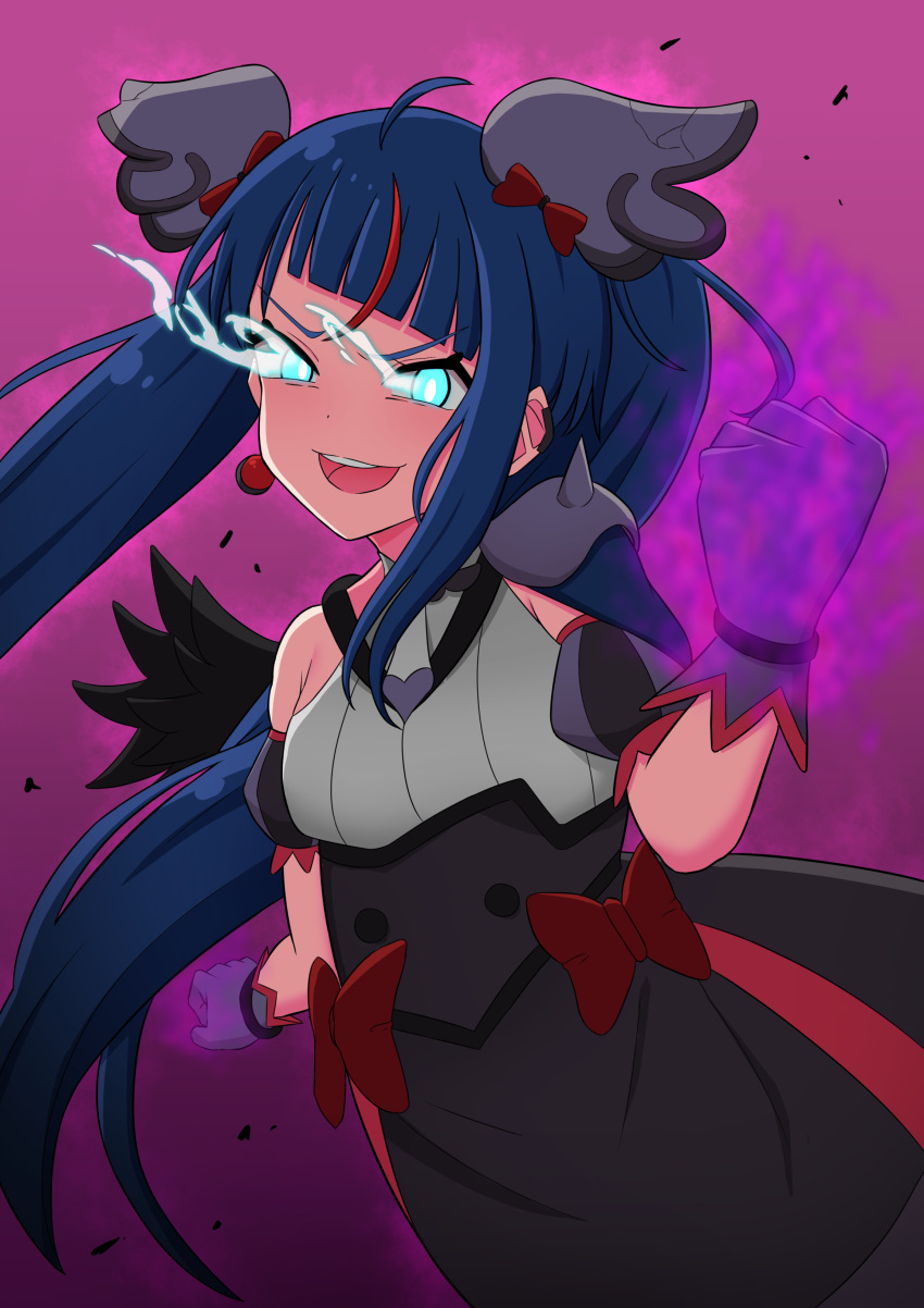 1girl absurdres armor aura black_dress black_wings blue_eyes blue_hair bow brooch clenched_hand commentary cure_sky cut_bangs dark_aura detached_sleeves dress dress_bow earclip earrings eploov evil_smile feathered_wings gloves glowing glowing_eyes glowing_fist half-closed_eyes head_tilt highres hirogaru_sky!_precure jewelry long_hair looking_at_viewer magical_girl open_mouth pauldrons precure puffy_detached_sleeves puffy_sleeves shoulder_armor single_earring single_pauldron single_sidelock single_wing sleeveless sleeveless_dress smile solo sora_harewataru spiked_pauldrons twintails very_long_hair wing_brooch wings