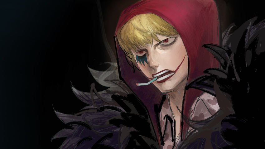 1boy black_background black_coat blonde_hair cigarette close-up coat donquixote_rocinante fur-trimmed_coat fur_trim hat heart highres linerynlasgalen looking_to_the_side male_focus one_piece pink_shirt shirt simple_background solo