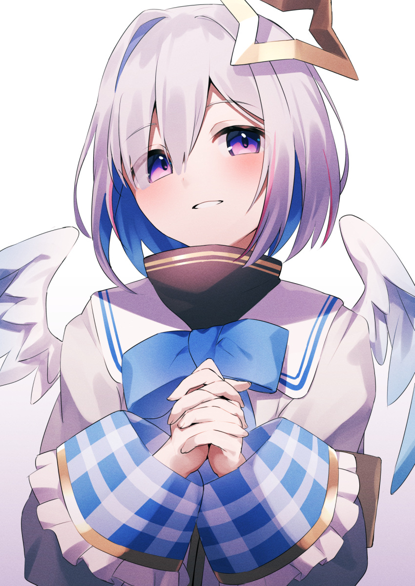 1girl amane_kanata amane_kanata_(1st_costume) angel angel_wings black_dress blue_hair blush colored_inner_hair dress fragir grey_hair grey_jacket halo highres hololive jacket looking_at_viewer multicolored_hair own_hands_together short_hair smile solo star_halo turtleneck_dress violet_eyes virtual_youtuber white_background wings