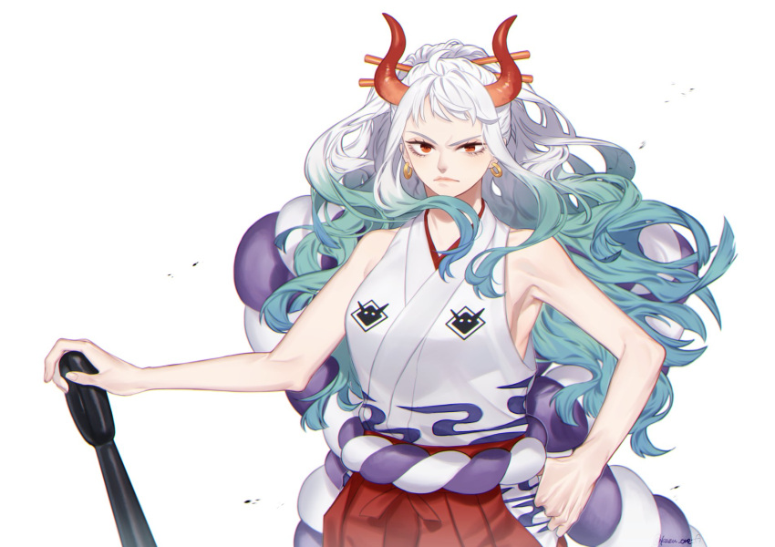 1girl blue_hair club_(weapon) earrings floating_hair green_hair hair_ornament hakama hakama_pants hand_on_own_hip highres holding holding_weapon horns japanese_clothes jewelry kanabou kazuto_(kazu_one_a) kimono looking_at_viewer multicolored_hair one_piece orange_eyes pants ponytail red_horns rope shimenawa sidelocks simple_background sleeveless sleeveless_kimono solo weapon white_background white_hair white_kimono yamato_(one_piece)