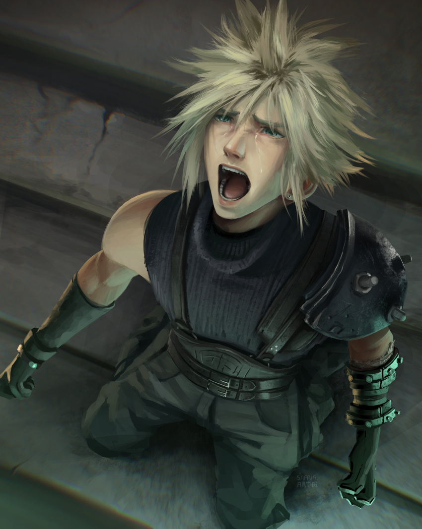 1boy absurdres armor baggy_pants belt black_gloves blonde_hair blue_eyes clenched_hands cloud_strife commentary earrings final_fantasy final_fantasy_vii final_fantasy_vii_rebirth final_fantasy_vii_remake from_above gloves highres jewelry looking_up male_focus multiple_belts open_mouth pants ribbed_sweater safaiaart screaming short_hair shoulder_armor single_bare_shoulder sleeveless sleeveless_turtleneck solo spiky_hair stud_earrings suspenders sweater tears turtleneck turtleneck_sweater