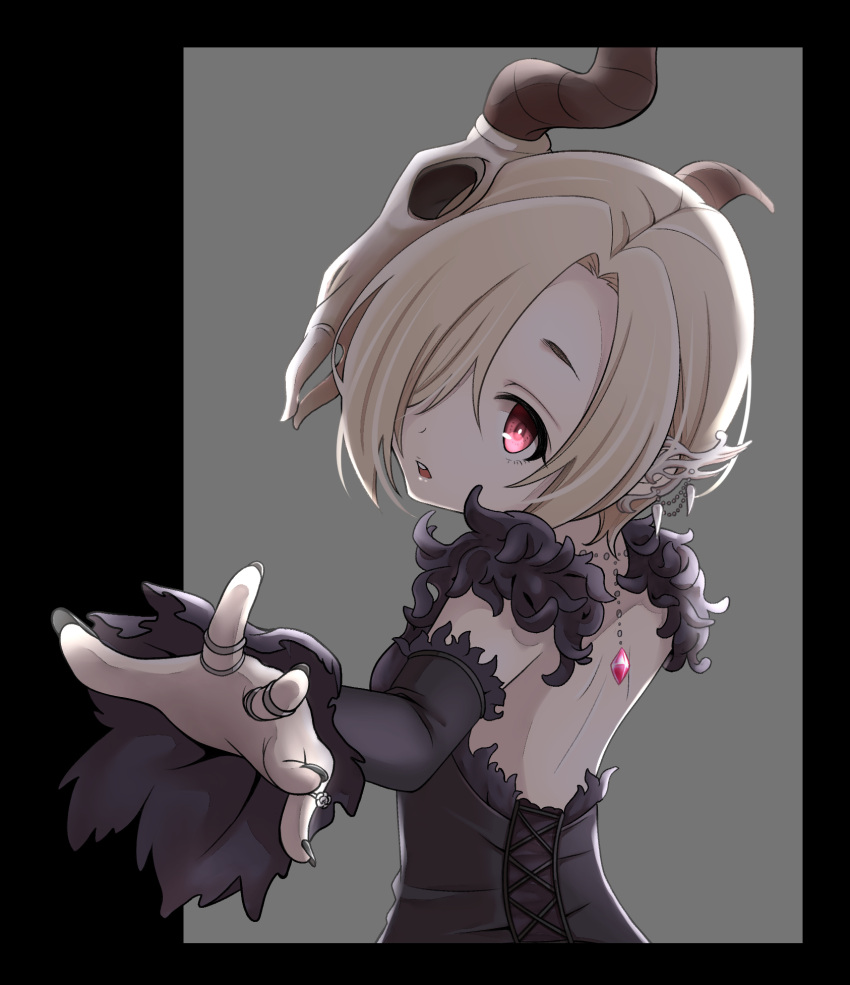 1girl backless_dress backless_outfit black_dress blonde_hair detached_sleeves dress ear_ornament ear_piercing hair_over_one_eye highres idolmaster idolmaster_cinderella_girls maka073 open_mouth outstretched_arm piercing red_eyes shirasaka_koume short_hair solo