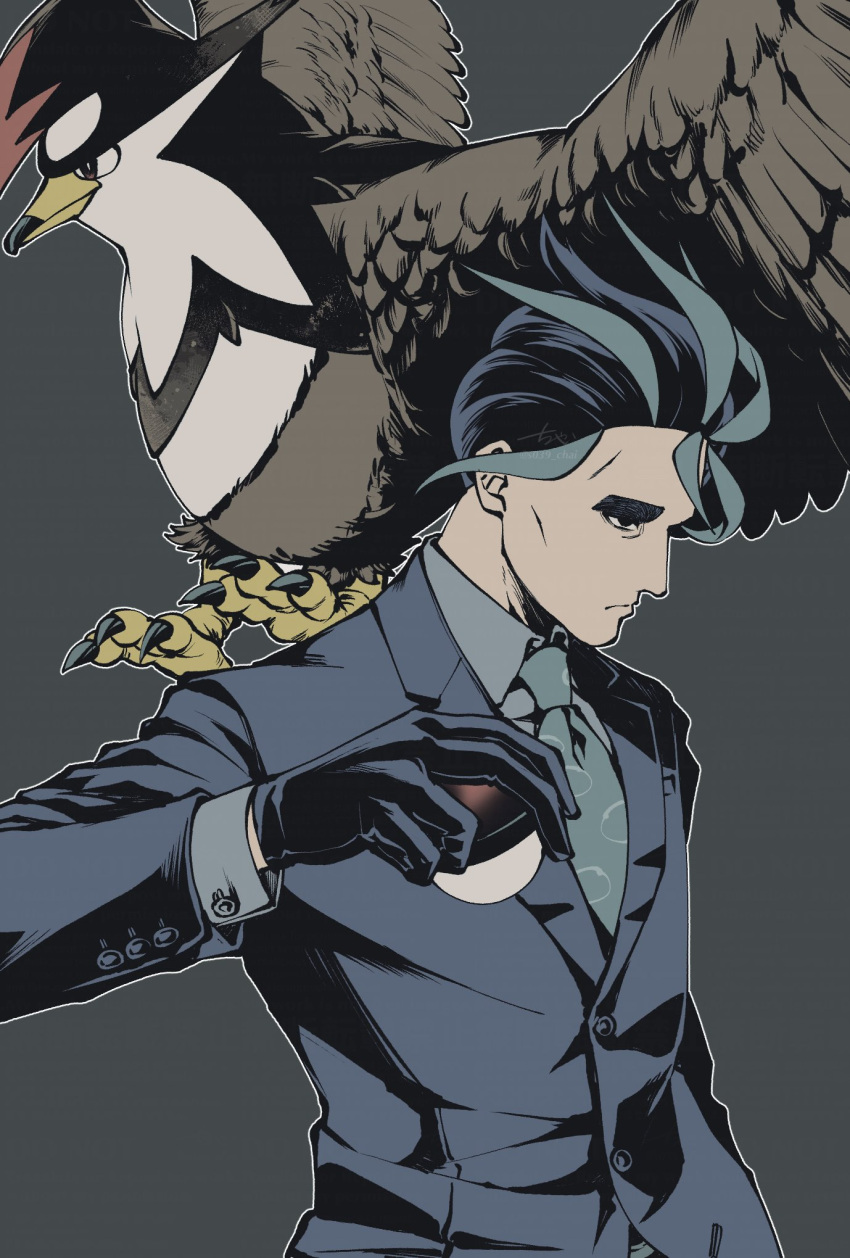 1boy beak bird black_gloves black_suit brown_feathers buttons closed_mouth commentary_request feathered_wings feathers gloves green_necktie grey_background highres holding holding_poke_ball larry_(pokemon) male_focus necktie poke_ball poke_ball_(basic) pokemon pokemon_(creature) pokemon_sv s039_chai simple_background staraptor suit talons thick_eyebrows wings
