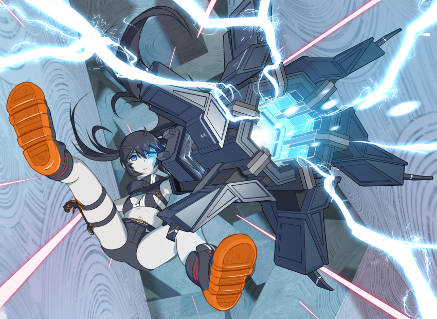 1girl 32zzz arm_cannon black_bra black_gloves black_hair black_rock_shooter black_rock_shooter:_dawn_fall black_rock_shooter_(character) black_shorts blue_eyes bra firing flaming_eye gloves highres long_hair rock_cannon shorts solo twintails underwear uneven_twintails weapon