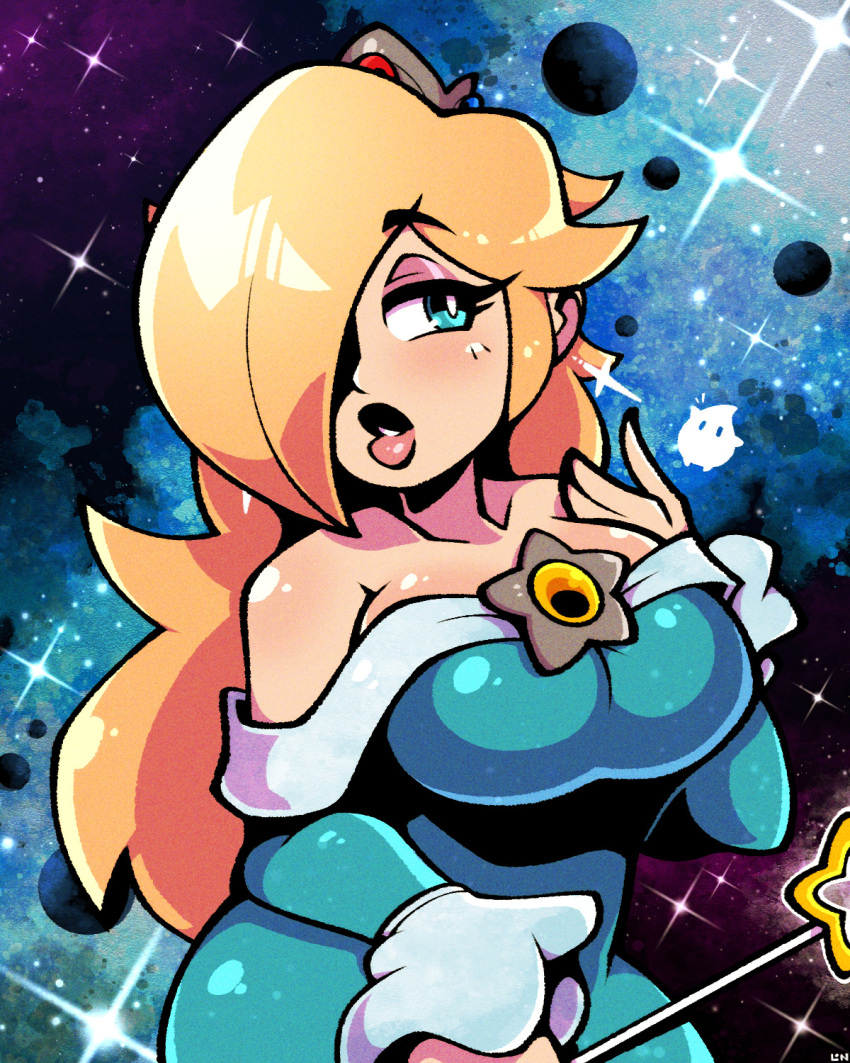 1girl bare_shoulders blonde_hair blue_background blue_eyes breasts brooch collarbone cowboy_shot crown dress eyelashes hair_over_one_eye half-closed_eyes hand_on_own_shoulder head_tilt highres holding holding_wand jewelry large_breasts legendofnerd lips long_hair long_sleeves looking_to_the_side luma_(mario) multicolored_background notice_lines parted_lips pink_lips planet purple_background rosalina solo space star_(symbol) star_brooch star_wand super_mario_bros. wand
