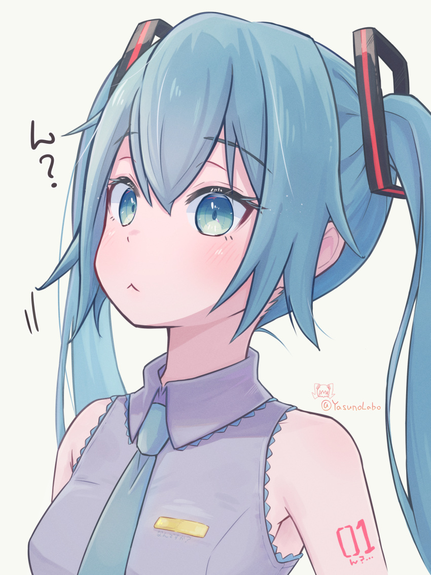 1girl :&lt; armpits blue_eyes blue_hair blush collared_shirt commentary hatsune_miku highres long_hair necktie shirt sleeveless sleeveless_shirt solo translated twintails upper_body vocaloid yasuno-labo