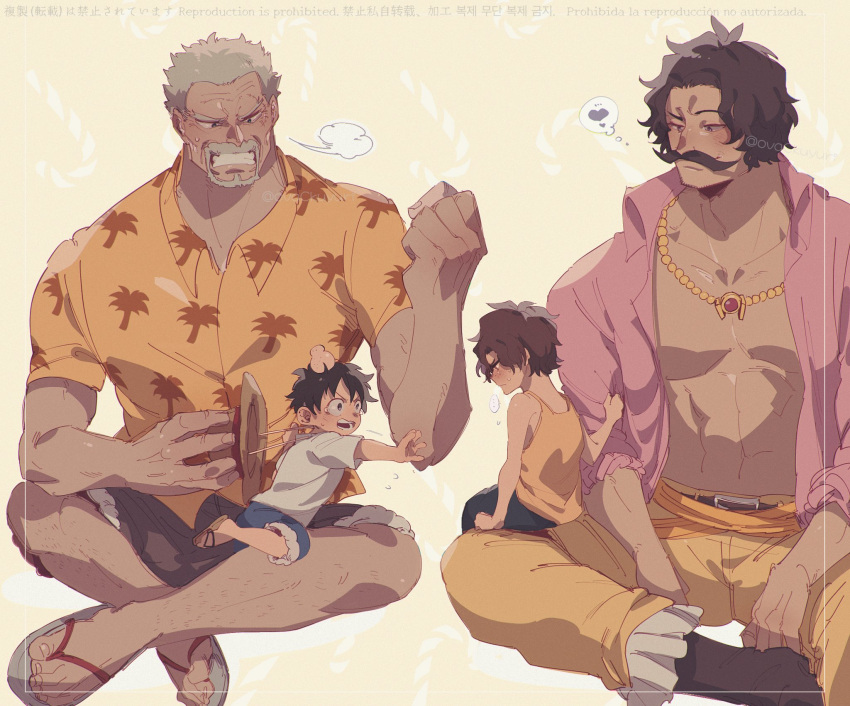 4boys belt black_hair blue_shorts child commentary_request crossed_legs facial_hair gol_d._roger grey_hair hat heart highres jewelry looking_at_another monkey_d._garp monkey_d._luffy multiple_boys mustache necklace on_lap one_piece open_clothes open_shirt ovasayuri pants pink_shirt portgas_d._ace profile puff_of_air sandals shirt short_hair shorts sigh smile straw_hat tank_top white_shirt yellow_pants