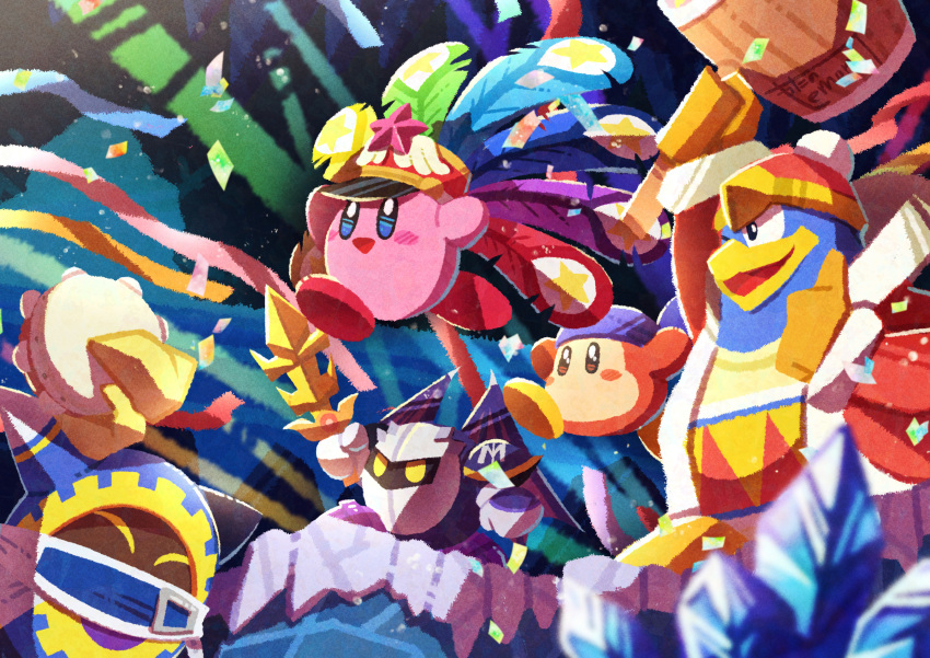 absurdres armor bandana bandana_waddle_dee bat_wings blue_bandana colored_skin confetti disembodied_limb festival_kirby galaxia_(sword) gloves highres holding holding_sword holding_weapon instrument king_dedede kirby kirby's_return_to_dream_land_deluxe kirby_(series) magolor meta_knight no_humans pauldrons pink_skin shoulder_armor solid_oval_eyes star_(symbol) sword tambourine watawata22 weapon wings yellow_eyes yellow_gloves