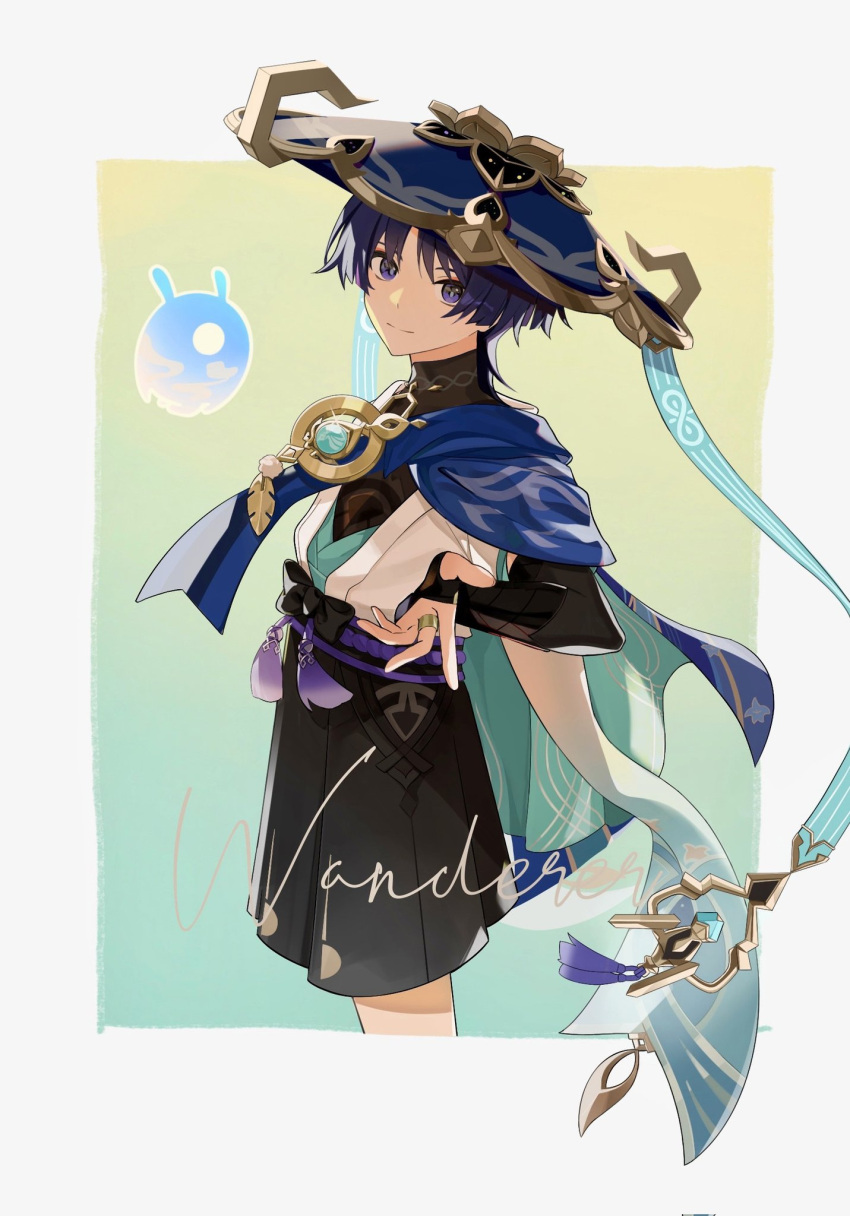 1boy bishounen blue_eyes blue_hair cowboy_shot genshin_impact hat highres japanese_clothes looking_at_viewer male_focus reaching reaching_towards_viewer scaramouche_(genshin_impact) scarf short_hair shorts simple_background smile solo touxin_0316 vision_(genshin_impact) wanderer_(genshin_impact)