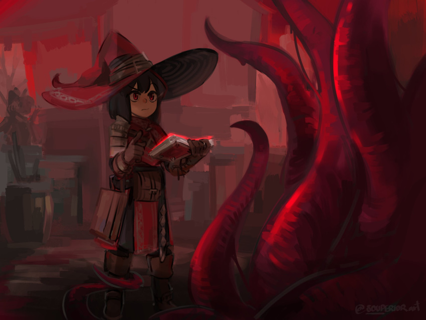 1girl belt belt_pouch black_hair book boots brown_footwear brown_gloves commentary furrowed_brow gloves hat highres holding holding_book large_hat leg_grab original poncho pouch red_eyes skirt souperior tentacles witch_hat