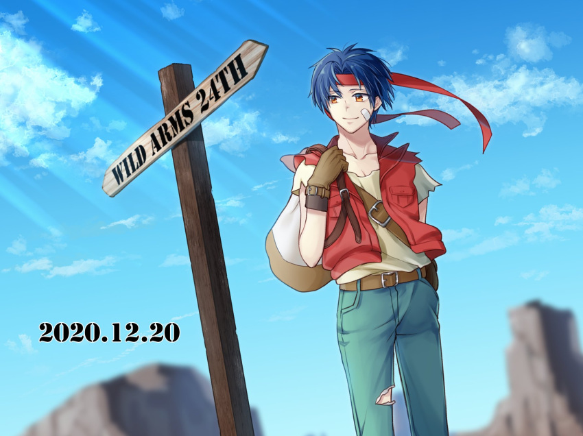 1boy belt blue_hair brown_eyes closed_mouth clouds collarbone dated denim full_body gloves headband highres jeans male_focus pants red_vest rody_roughnight sakura_linne short_hair smile solo vest wild_arms wild_arms_1