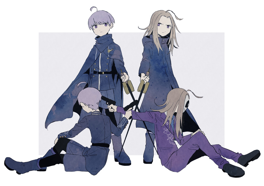 4boys ahoge back-to-back blonde_hair blue_cape blue_coat blue_footwear blue_jacket blue_necktie blue_shorts boots cape closed_mouth coat collared_shirt covered_face crossed_swords facing_away frown full_body gun gun_to_head hand_on_own_knee highres holding holding_gun holding_sword holding_weapon jacket long_hair long_sleeves looking_at_viewer macha_(macha3635toa) makoto_kagutsuchi male_focus mask master_detective_archives:_rain_code multiple_boys necktie pants pointing_weapon purple_hair purple_jacket purple_pants shirt short_hair shorts simple_background sitting spoilers standing sword violet_eyes weapon white_background white_shirt yuma_kokohead