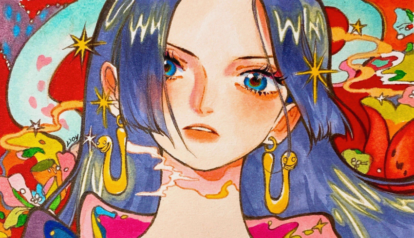 1girl blue_eyes blue_hair boa_hancock commentary_request earrings flower heart highres hime_cut jewelry linerynlasgalen looking_at_viewer one_piece solo star_(symbol)