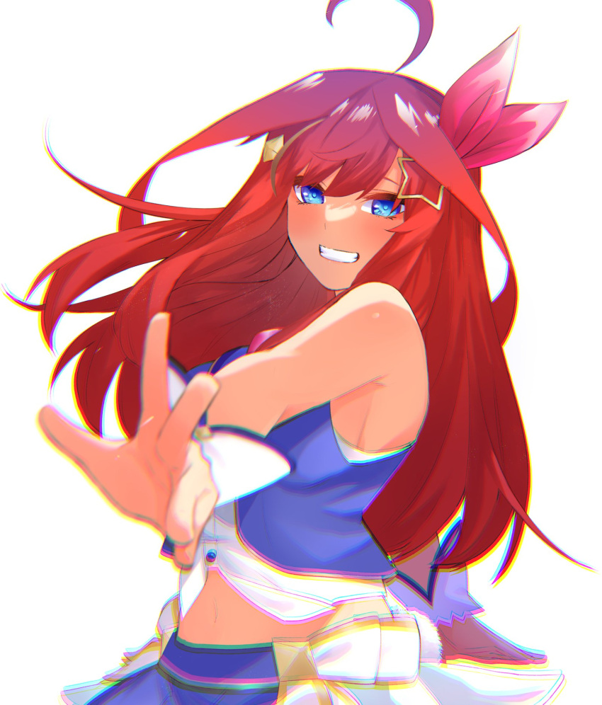 1girl ahoge bare_shoulders blue_eyes blue_shirt blush bright_pupils commentary_request cosplay floating_hair foreshortening go-toubun_no_hanayome grin hair_between_eyes hair_ornament highres hololive long_hair looking_at_viewer mojyu_saico nakano_itsuki navel outstretched_arm redhead shirt simple_background sleeveless sleeveless_shirt smile solo star_(symbol) star_hair_ornament tokino_sora tokino_sora_(1st_costume) tokino_sora_(cosplay) upper_body w white_background