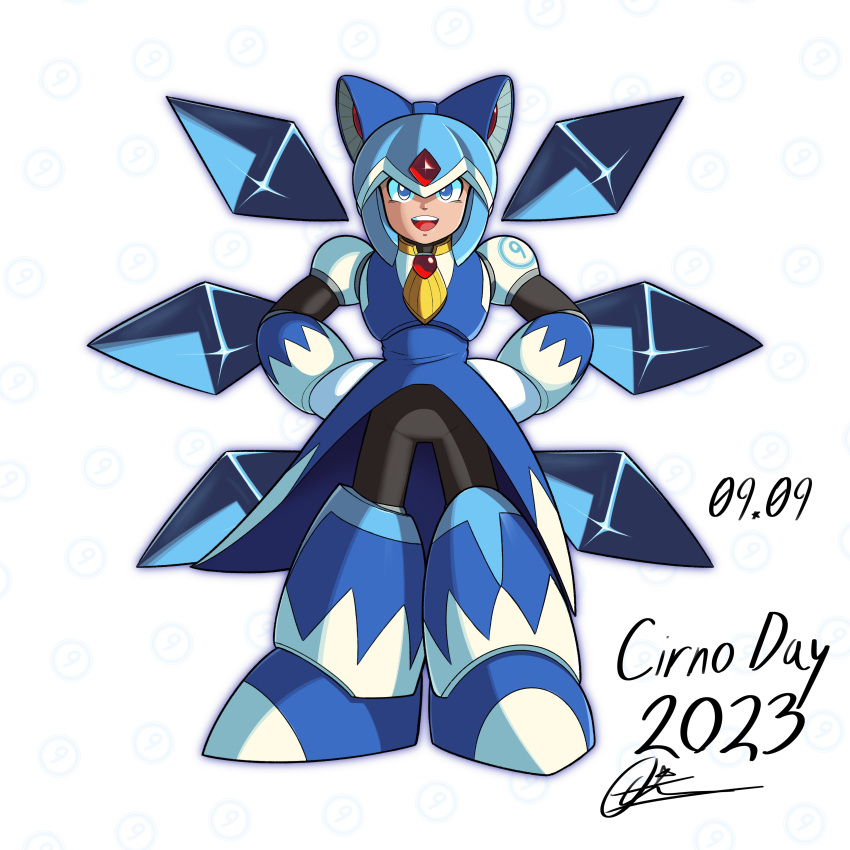 1girl absurdres armor blue_dress blue_eyes cirno cirno_day dated detached_wings dress hand_on_own_hip helmet highres mega_man_(series) mega_man_x_(series) open_mouth reploid_q robot_girl wings