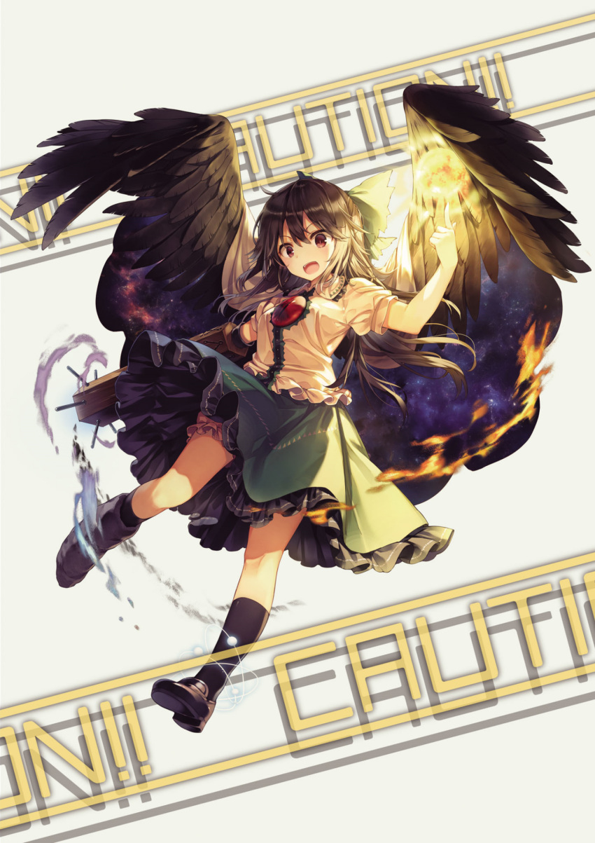 1girl arm_cannon artist_request black_hair black_wings bow green_bow green_skirt official_art open_mouth pointing red_eyes reiuji_utsuho skirt solo text third_eye third_eye_on_chest touhou white_background wings