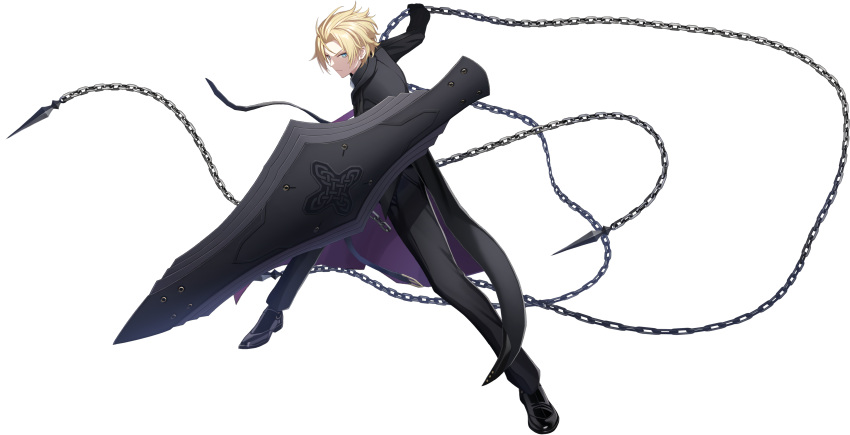 1boy absurdres black_pants black_suit blonde_hair blue_eyes chain coat counter:side fighting_stance full_body highres holding holding_chain holding_shield looking_at_viewer male_focus official_alternate_costume official_alternate_hairstyle official_art pants roy_burnett shield short_hair simple_background suit tachi-e transparent_background trench_coat