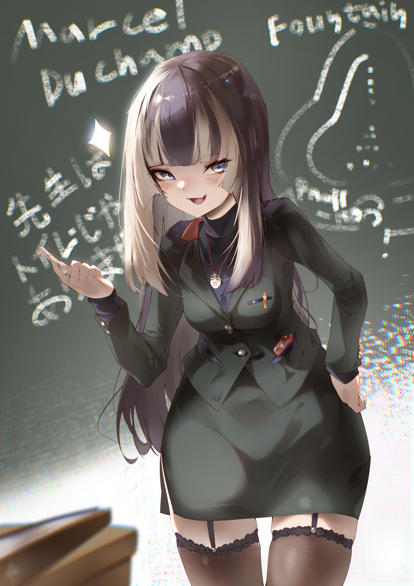 1girl absurdres alternate_costume black_garter_straps black_hair black_shirt black_skirt black_thighhighs blue_eyes blunt_bangs blush chalk chalkboard fang garter_straps grey_hair hand_on_own_hip highres holding holding_chalk hololive hololive_dev_is juufuutei_raden looking_at_viewer multicolored_hair open_mouth pparus shirt sidelocks skin_fang skirt smile solo streaked_hair thigh-highs virtual_youtuber