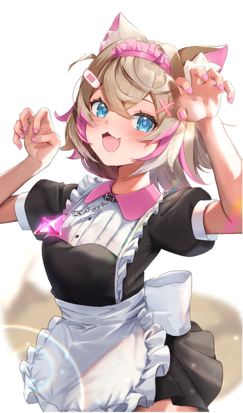 1girl :3 :d absurdres alternate_costume apron bandaid bandaid_hair_ornament black_dress blonde_hair blue_eyes blush claw_pose dress hair_ornament highres hololive hololive_english looking_at_viewer maid maid_apron medium_hair mococo_abyssgard multicolored_hair nail_polish open_mouth pink_hair pink_nails saka_mikatsuki smile solo streaked_hair virtual_youtuber white_apron white_background x_hair_ornament