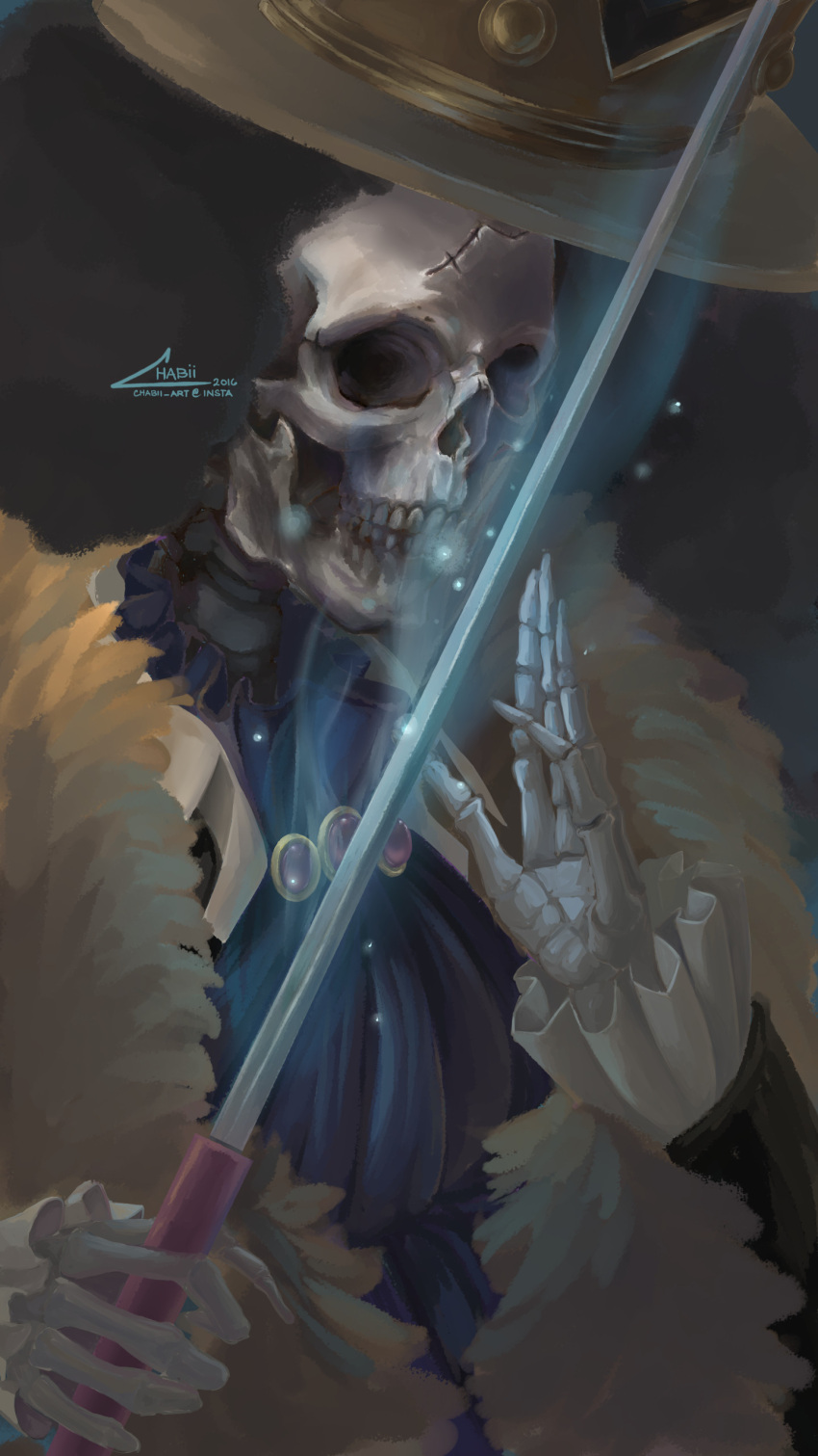 1boy 2016 absurdres afro artist_name ascot black_hair blue_ascot brook_(one_piece) chabii_art clenched_teeth commentary crown_hat english_commentary hat highres holding holding_sword holding_weapon instagram_username male_focus one_piece portrait realistic signature skeleton solo sword teeth weapon