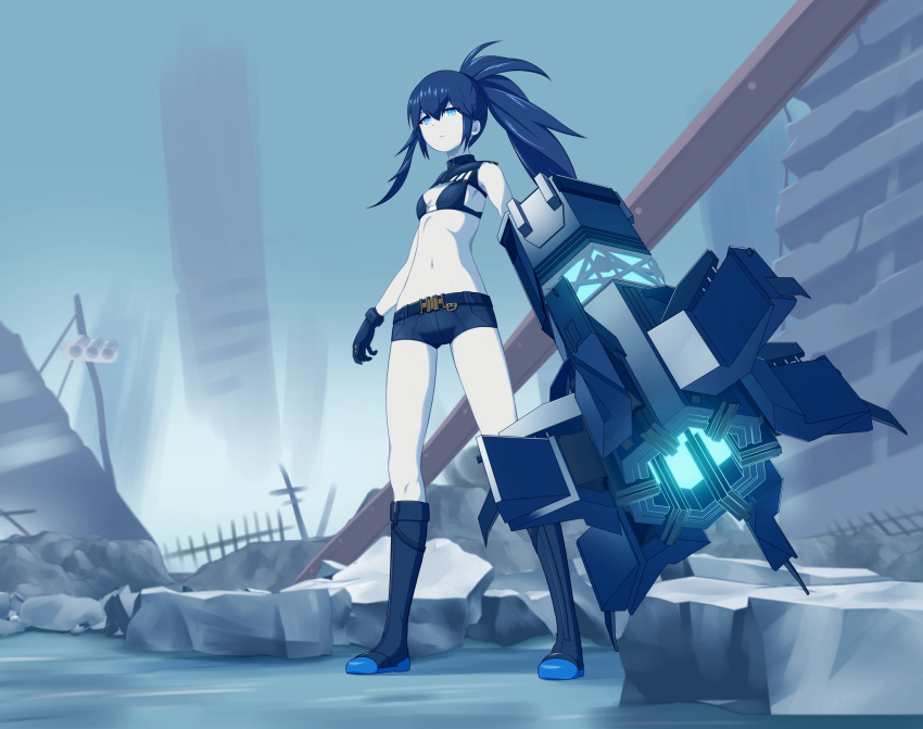 1girl 32zzz arm_cannon bare_arms black_bra black_footwear black_gloves black_hair black_rock_shooter black_rock_shooter:_dawn_fall black_rock_shooter_(character) black_shorts blue_eyes boots bra empress_(last_origin) gloves hair_between_eyes highres long_hair navel rock_cannon ruins short_shorts shorts sidelocks solo twintails underwear uneven_twintails weapon