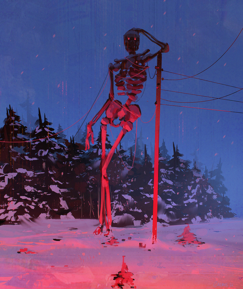 absurdres arm_support commentary english_commentary full_body giant giant_skeleton glowing glowing_eyes highres jocelin_carmes leaning no_humans original outdoors pine_tree red_eyes skeleton sky snow snow_on_tree snowing solid_eyes solo standing tangled tree utility_pole