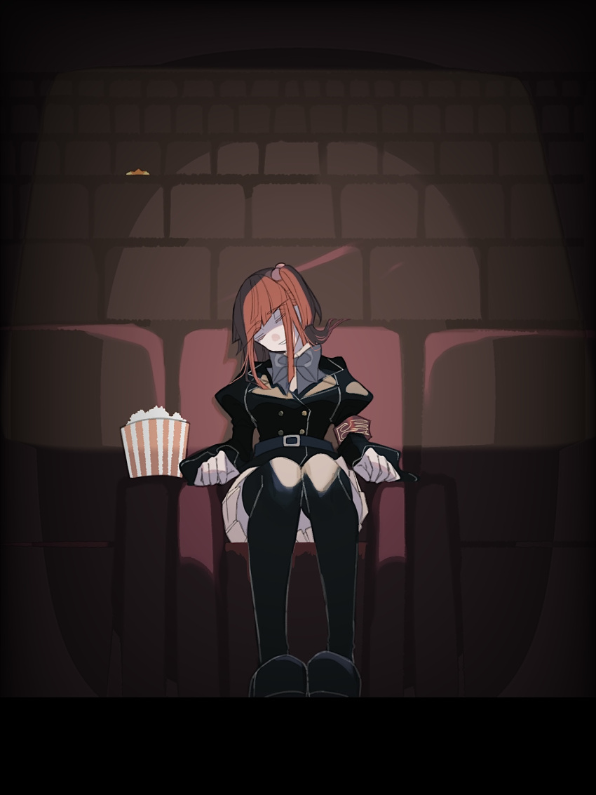 1girl armband belt black_jacket black_thighhighs blunt_bangs bow breasts buttons closed_eyes double-breasted food hair_bobbles hair_ornament highres jacket large_breasts long_hair long_sleeves movie_theater pleated_skirt popcorn puffy_long_sleeves puffy_sleeves redhead sidelocks sitting skirt sleeping solo theater thigh-highs tukijirou960 two_side_up umineko_no_naku_koro_ni ushiromiya_ange white_skirt