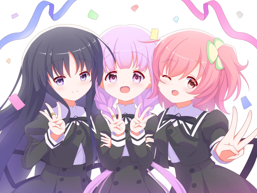 3girls arm_hug assault_lily black_hair black_ribbon black_skirt blunt_bangs braid buttons closed_mouth clover_hair_ornament commentary_request confetti double_arm_hug four-leaf_clover_hair_ornament hair_ornament hands_up high-waist_skirt highres hitotsuyanagi_riri hitotsuyanagi_yuri jewelry juliet_sleeves light_blush long_hair long_sleeves looking_at_viewer low_twin_braids low_twintails multiple_girls neck_ribbon one_side_up open_mouth outstretched_arm pink_eyes pink_hair puffy_sleeves purple_hair ri_(pikatexiu_106) ribbon ring school_uniform shirai_yuyu shirt short_hair side-by-side sidelocks simple_background skirt smile solo streamers twin_braids twintails upper_body very_long_hair violet_eyes w white_background white_shirt yurigaoka_girls_academy_school_uniform
