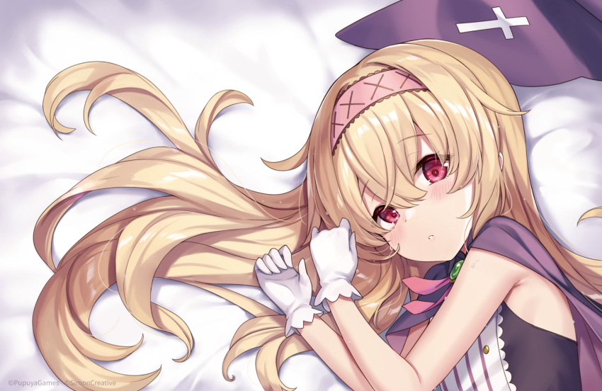 1girl bare_arms bed_sheet black_dress blonde_hair blush cape cross dress flat_chest from_above gloves hair_ornament hairband highres latin_cross little_witch_nobeta long_hair looking_at_viewer lying nobeta official_art on_bed on_side parted_lips purple_cape red_eyes red_hairband sleeveless sleeveless_dress solo striped_clothes striped_dress upper_body vertical-striped_clothes vertical-striped_dress very_long_hair white_gloves