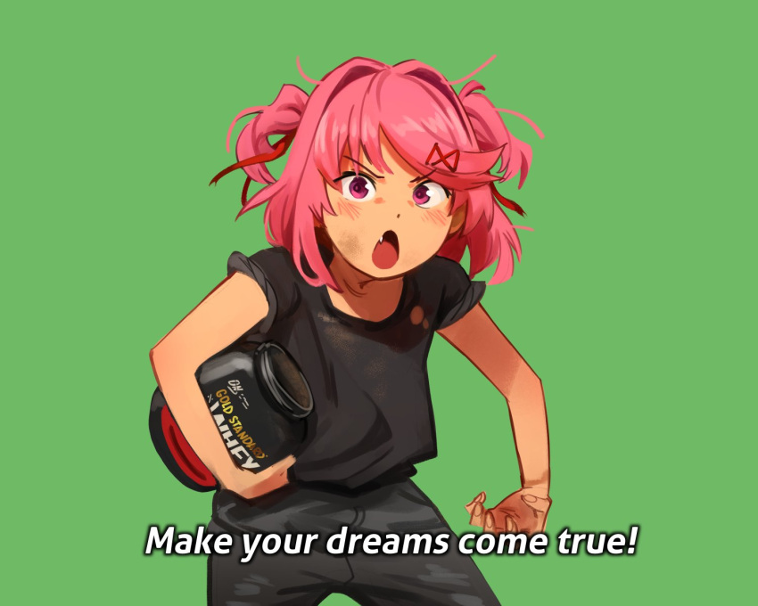 1girl black_pants black_shirt blush commentary cowboy_shot doki_doki_literature_club fang green_background highres holding just_do_it_(meme) khyle. looking_at_viewer meme natsuki_(doki_doki_literature_club) open_mouth pants pink_hair shirt short_hair simple_background solo standing two_side_up violet_eyes