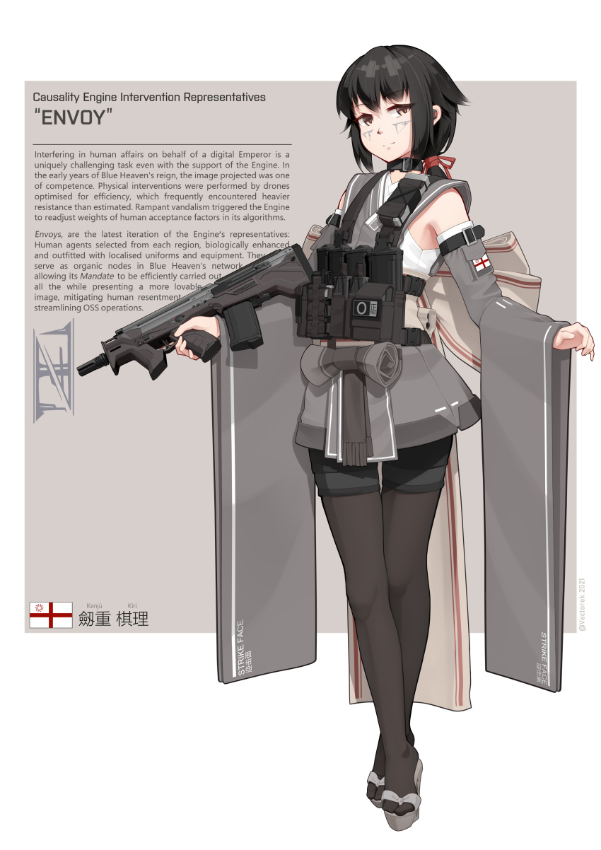 1girl absurdres black_hair character_name character_profile choker contrapposto detached_sleeves facial_tattoo flag full_body highres holding holding_weapon japanese_clothes kenjuu_kiri long_hair looking_at_viewer military nusisring_tactical obi original pantyhose sandals sash sleeveless smile solo standing tabi tactical_clothes tattoo vectorek weapon weapon_request yellow_eyes