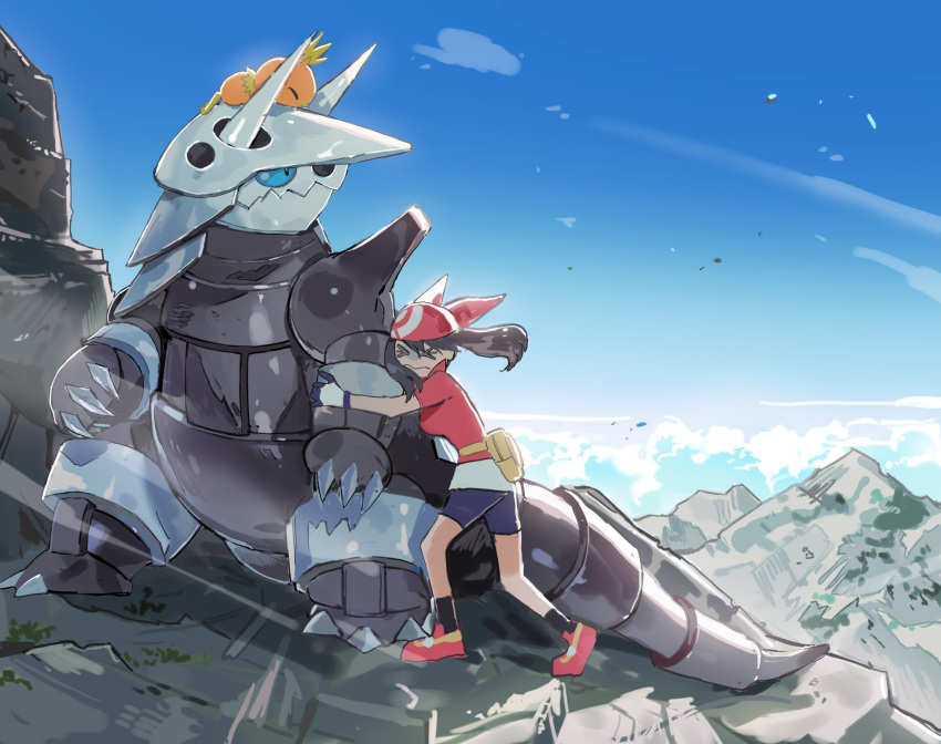 1girl aggron aisutabetao bandana black_eyes black_socks blue_sclera blue_sky claws clouds colored_sclera commentary_request fangs full_body highres horns may_(pokemon) mountain pokemon pokemon_(creature) pokemon_rse red_bandana rock skin_fangs sky socks standing tail torchic