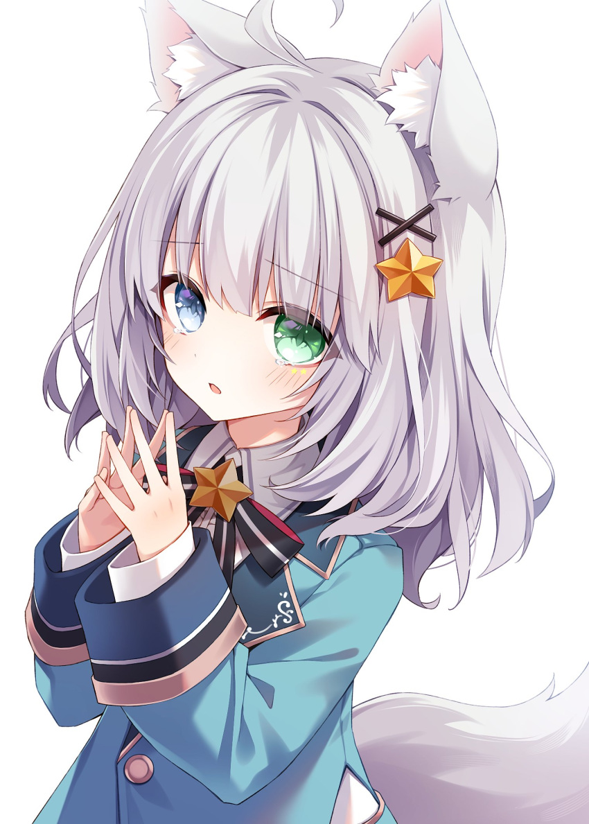 1girl ahoge animal_ear_fluff animal_ears aqua_jacket blue_eyes blush borrowed_character collared_shirt commentary commission eyes_visible_through_hair fox_ears fox_girl fox_tail green_eyes grey_hair hair_between_eyes hair_ornament hands_up heterochromia highres jacket layla_(oda) looking_at_viewer medium_hair nekonoyuto open_mouth original sad school_uniform second-party_source shirt simple_background skeb_commission sleeves_past_wrists solo star_(symbol) star_hair_ornament star_ornament steepled_fingers tail tears white_background white_shirt x_hair_ornament