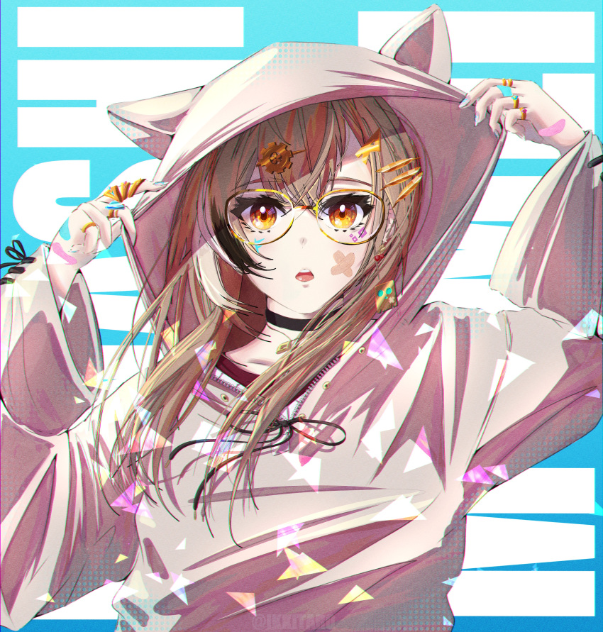 1girl absurdres animal_hood berry black_choker blue_background brown_hoodie character_name choker earrings ears_through_headwear food-themed_earrings glasses hair_ornament hairclip highres hololive hololive_english hood hood_up hoodie ikkitaro jewelry light_particles long_hair looking_at_viewer multicolored_hair nail_polish nanashi_mumei nanashi_mumei_(casual) necklace red_shirt ring round_eyewear shirt streaked_hair sweater upper_body virtual_youtuber white_sweater wide_sleeves
