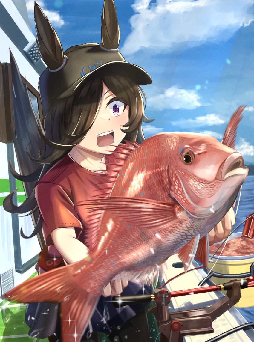 1girl absurdres animal animal_ears baseball_cap black_eyes black_headwear blue_sky clouds commentary_request commission cowboy_shot day fish fish_request fishing_rod fusou_(fuso0205) hair_over_one_eye hat highres holding holding_animal holding_fish horse_ears horse_girl horse_tail long_hair open_mouth outdoors red_shirt rice_shower_(umamusume) shirt skeb_commission sky solo surprised tail teeth umamusume upper_teeth_only violet_eyes water