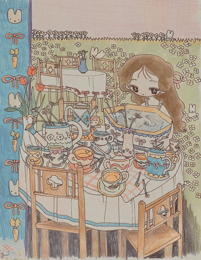 1girl brown_hair carrot chair colored_pencil_(medium) cup flower fuminooco grass hair_ribbon highres holding long_hair looking_at_viewer original rabbit red_flower reflection ribbon sleeveless solo table tablecloth tea teacup teapot traditional_media vase water watering_can white_flower