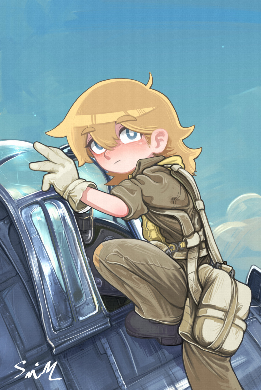 1girl aircraft airplane aqua_eyes bag black_footwear blonde_hair blue_sky clouds f6f_hellcat fighter_jet gloves highres jet lalah_7th loli long_hair military military_vehicle original pilot pilot_suit scarf short_sleeves signature sky solo yellow_scarf