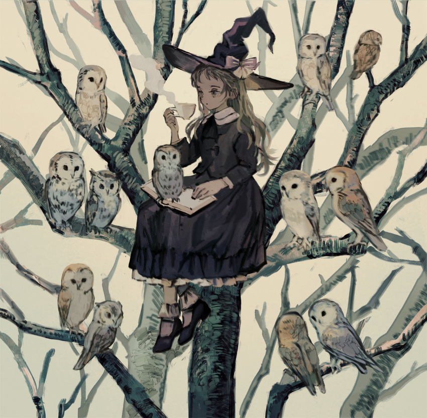 animal animal_focus animal_on_book bare_tree barn_owl bird bird_on_book black_dress book bow commentary cream_background cup dress english_commentary frilled_dress frills hat hat_bow highres holding holding_cup horned_owl in_tree long_dress long_hair on_book open_book original outdoors owl peter_pan_collar philia_ell pink_bow short_bangs steam tono_(rt0no) tree witch witch_hat