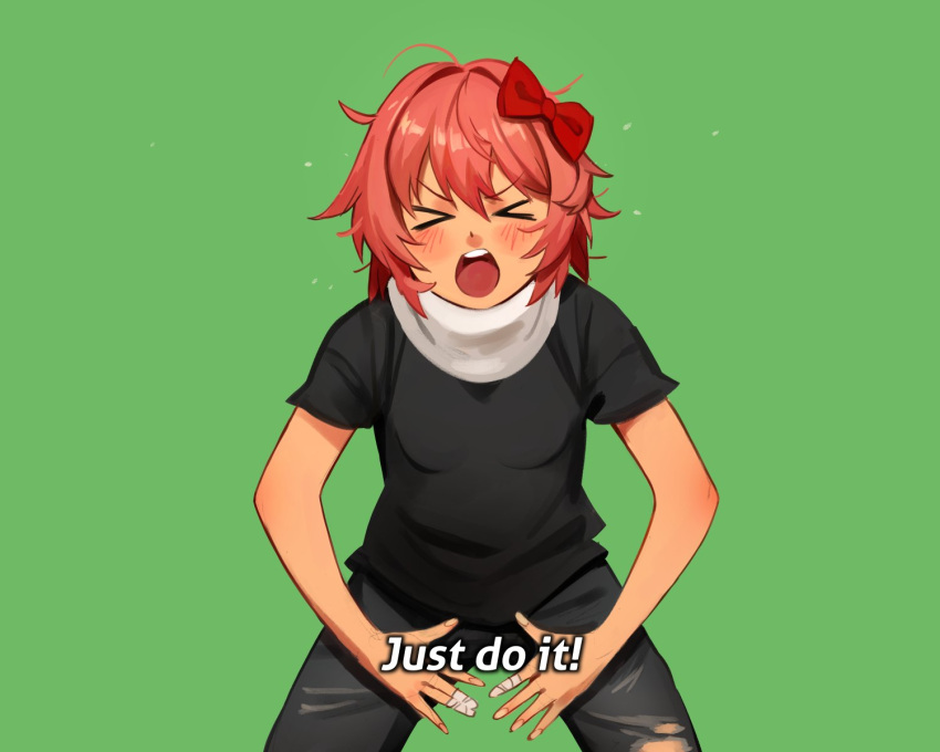 &gt;_&lt; 1girl black_pants black_shirt blush bow closed_eyes commentary doki_doki_literature_club english_text facing_viewer green_background green_screen hair_between_eyes hair_bow hair_intakes highres just_do_it_(meme) khyle. meme open_mouth orange_hair pants red_bow sayori_(doki_doki_literature_club) shia_labeouf shirt short_sleeves simple_background solo standing stool