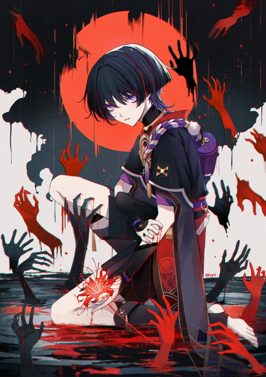 1boy black_hair blood blood_on_hands blood_splatter colored_eyelashes flower from_side full_body gauntlets genshin_impact highres japanese_clothes neytirv on_one_knee scaramouche_(genshin_impact) short_hair shorts solo spider_lily violet_eyes