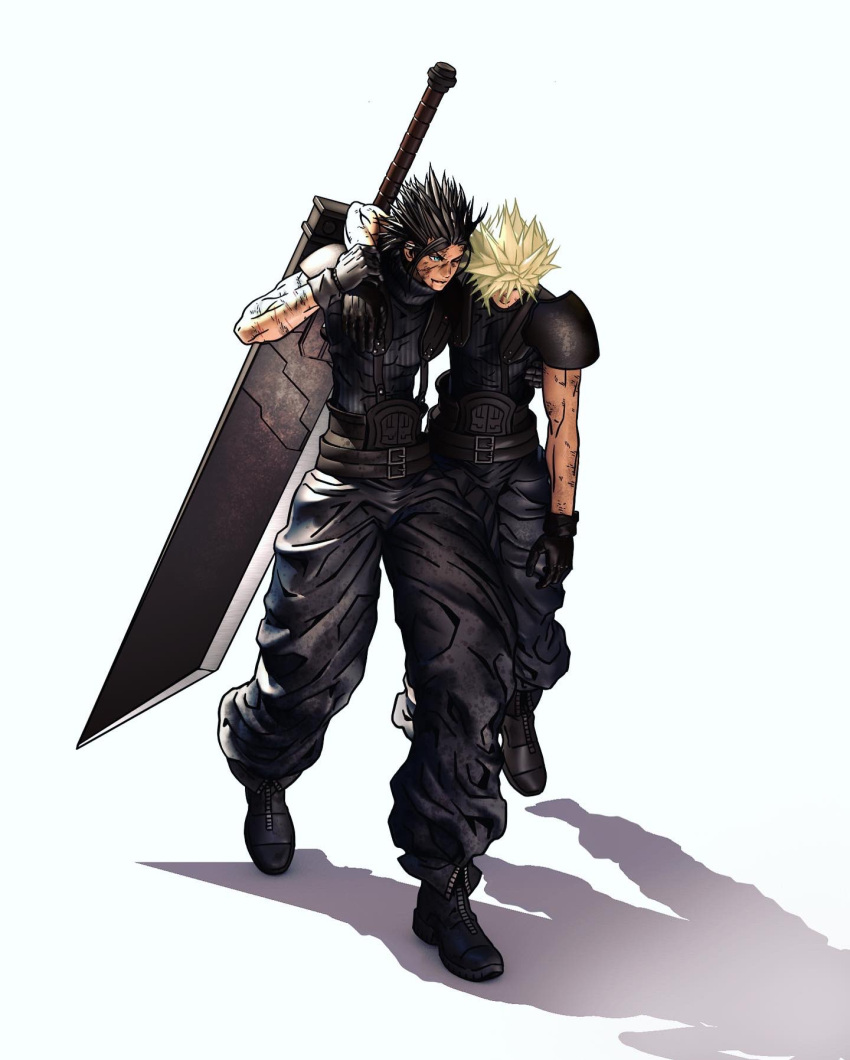 2boys aqua_eyes arm_around_shoulder armor baggy_pants belt black_footwear black_gloves black_hair black_pants black_shirt blonde_hair blood blood_from_mouth boots buster_sword cloud_strife dirty dirty_face final_fantasy final_fantasy_vii final_fantasy_vii_remake full_body gloves hair_between_eyes hair_slicked_back head_down highres ldawb multiple_belts multiple_boys pants shirt short_hair shoulder_armor sleeveless sleeveless_turtleneck spiky_hair suspenders turtleneck weapon weapon_on_back white_background zack_fair