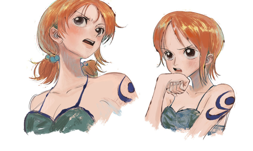 1girl arm_tattoo bikini bikini_top_only brown_eyes commentary from_below highres linerynlasgalen multiple_views nami_(one_piece) one_piece orange_hair short_hair sidelocks simple_background swimsuit symbol-only_commentary tattoo twintails upper_body white_background